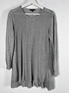 Eileen Fisher Womens Gray Linen Blend Knit Tunic Sweater Large Pullover Rib Trim